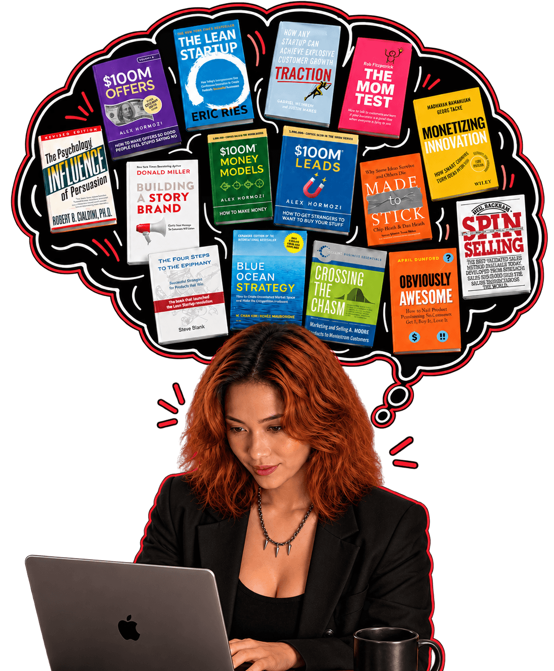 Crissa working at her laptop beneath a thought bubble filled with business books